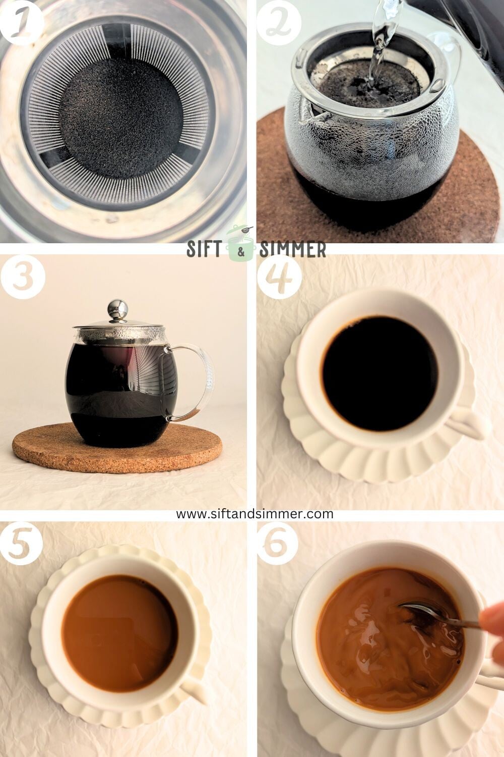 Step by step photos on how to make Hong Kong milk tea, with number overlay.