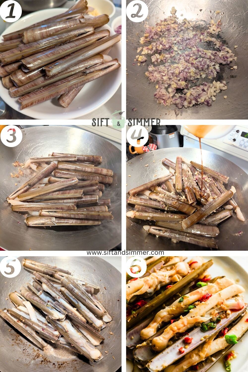 Step by step photos on how to prep and cook razor clams, with number overlay.