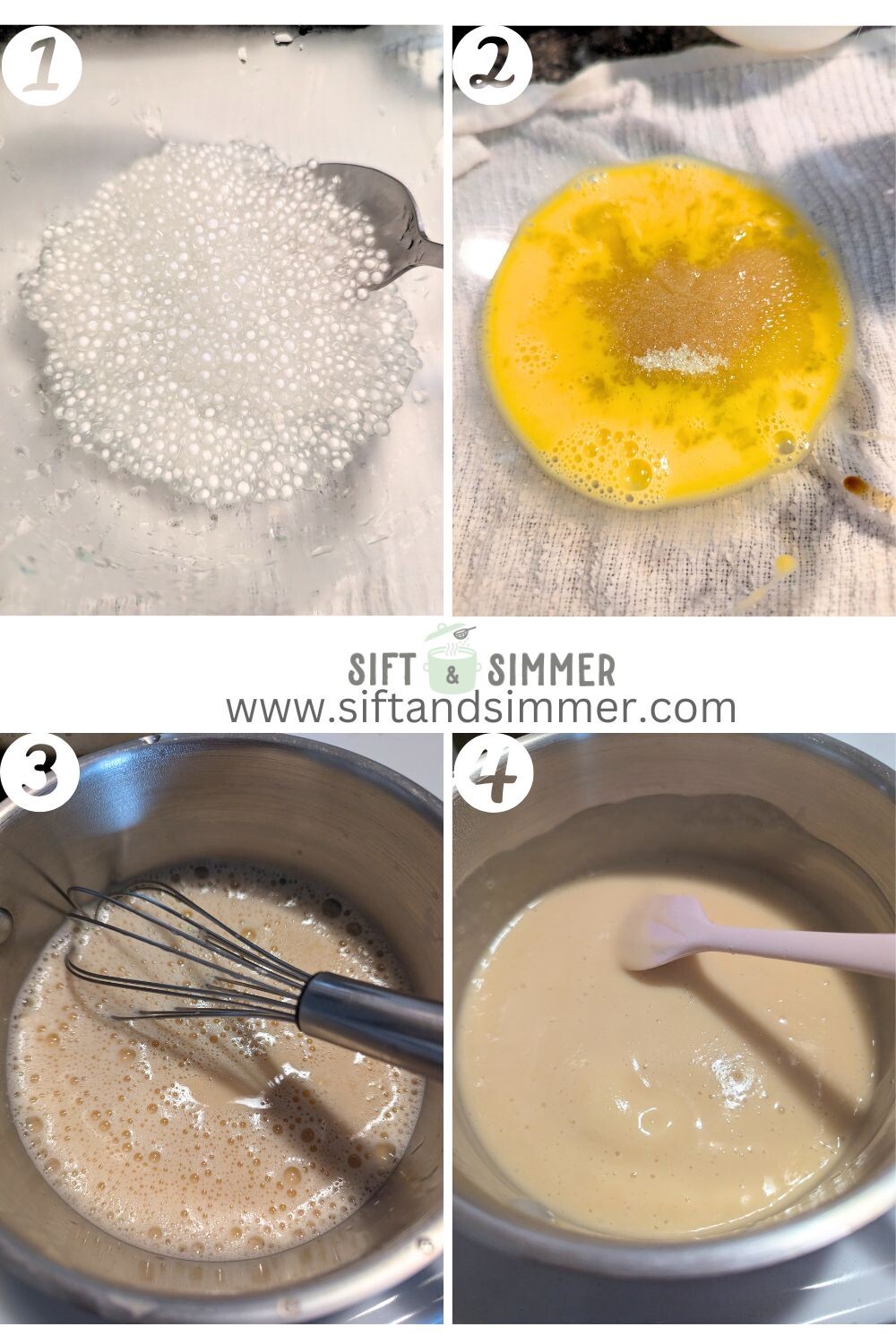 Step by step photos on how to make custard for tapioca pudding, with number overlay.