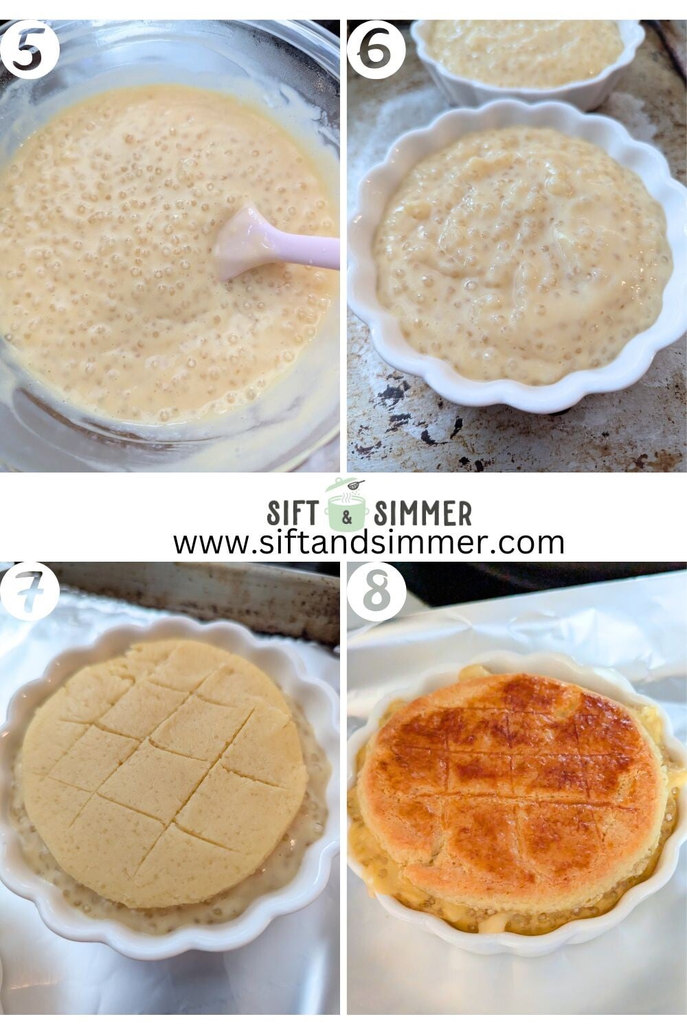 Step by step photos on how to make baked tapioca pudding, with number overlay.