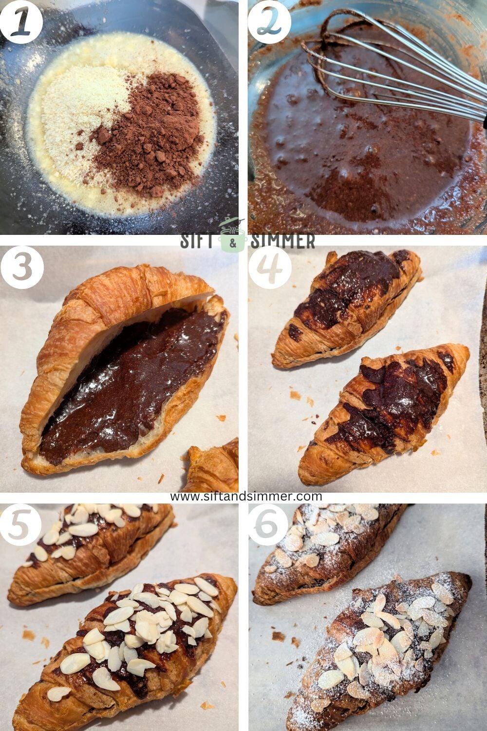 Step by step photos on how to make chocolate almond croissants, with number overlay.