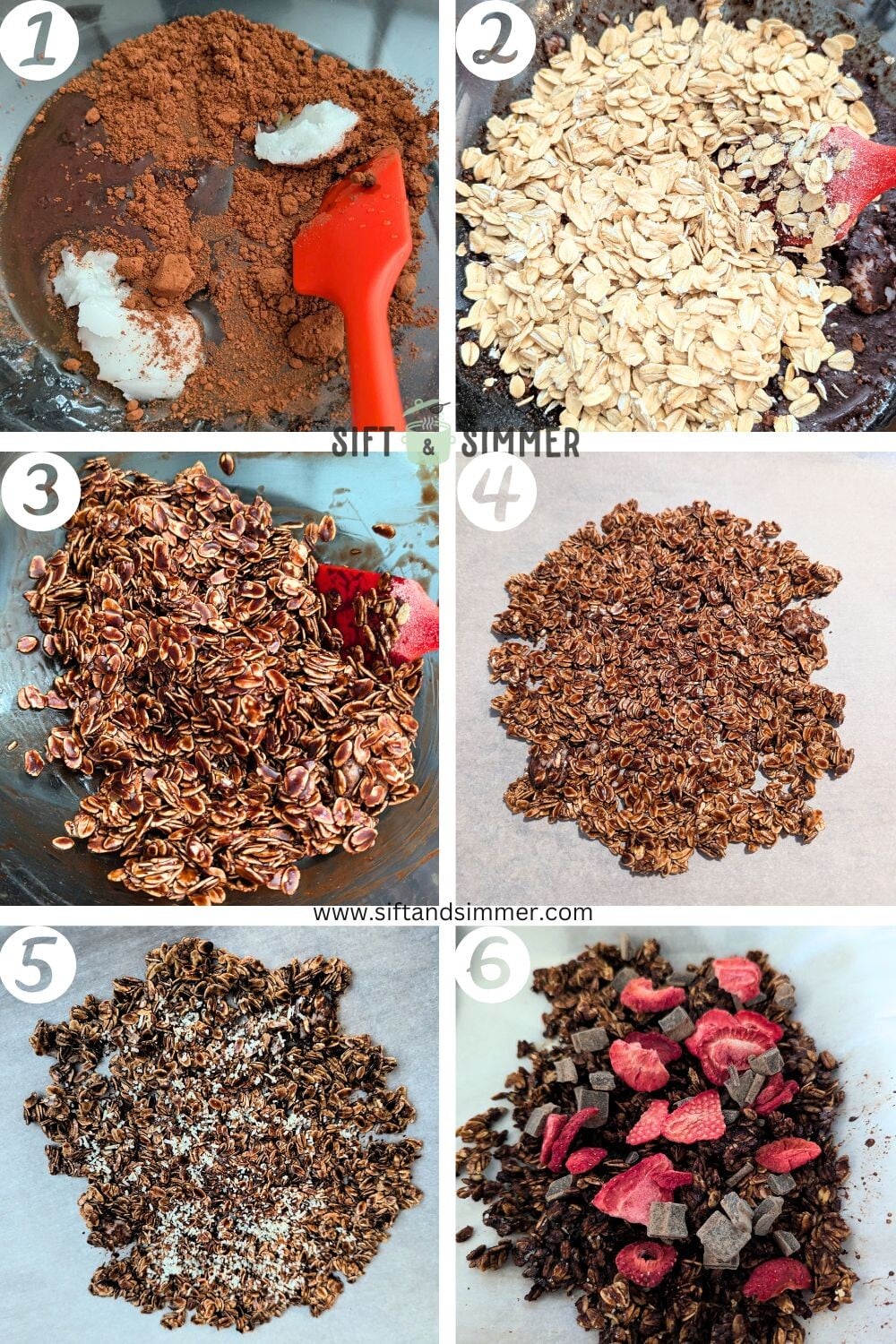 Step by step photos on how to make love crunch granola, with number overlay.