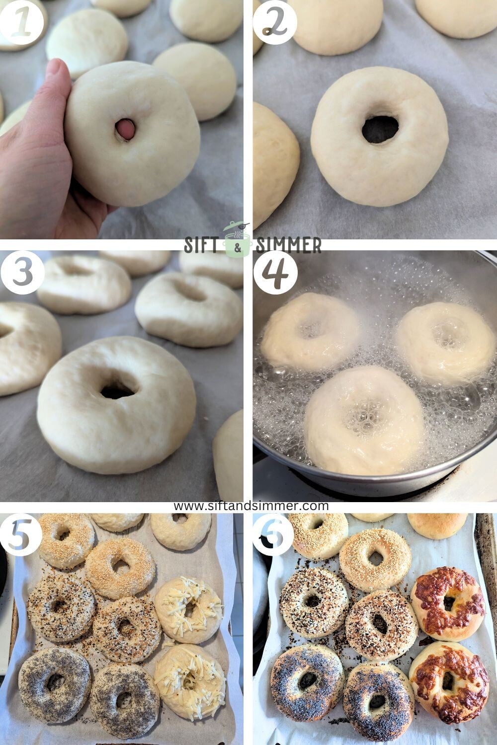 Step by step photos on how to make homemade bagels, with number overlay.