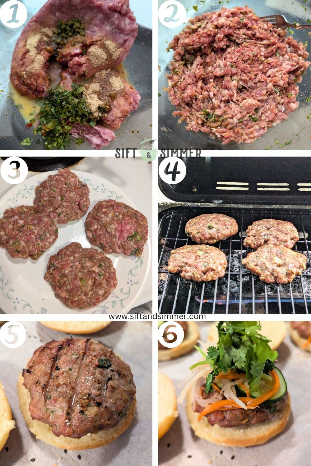 Step by step photos on how to make Vietnamese banh mi burger, with number overlay.