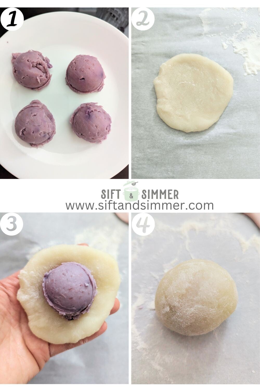 Step by step photos on how to make taro mochi, with number overlay.